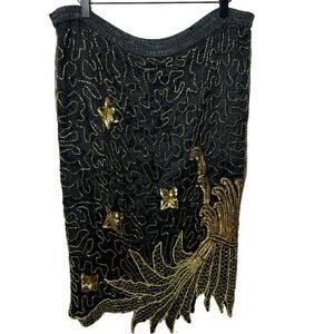 Vintage Beaded Embroidered Silk Skirt Guilded Age Style Black Womens Size XL